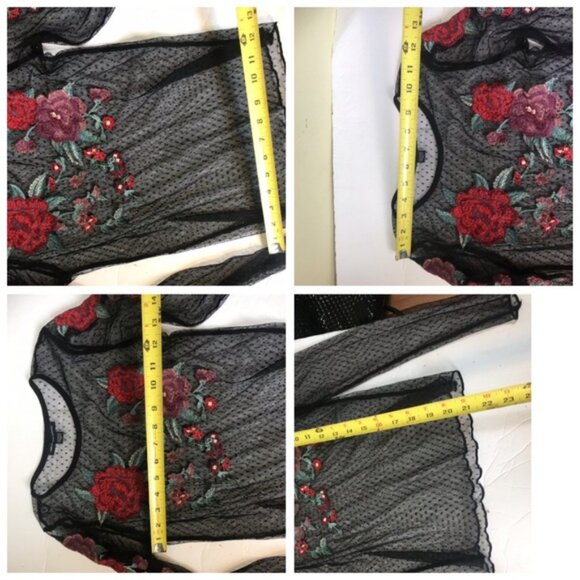 American Eagle AEO Sheer Mesh Flowers Embroidery Rose Stretch Top Shirt Y2K Boho - Picture 16 of 16